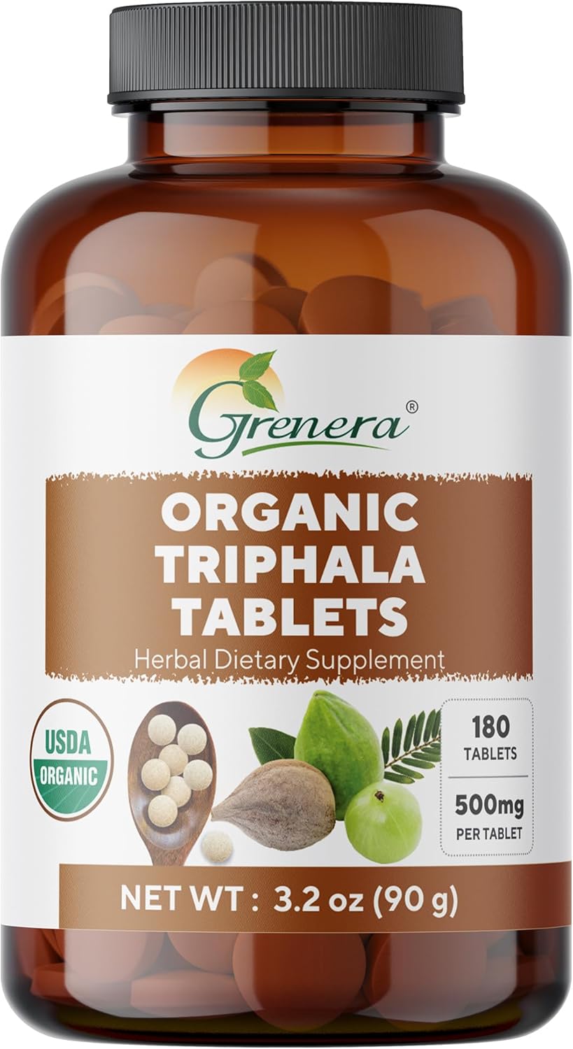 Grenera Organic Triphala Tablets 180 Count | Uncoated Tablets | Made from Organic Amla, Haritaki and Bibhitaki | Vegan and Kosher Certified