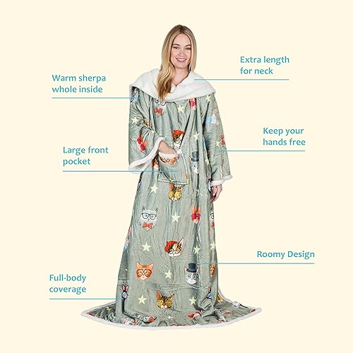 Miniatura 4 de Catalonia Manta Sherpa Vestible con Estampado de Gatos y Perros con Mangas y Brazos, Cómoda Manta Envolvente de TV con Mangas, Manta Grande y