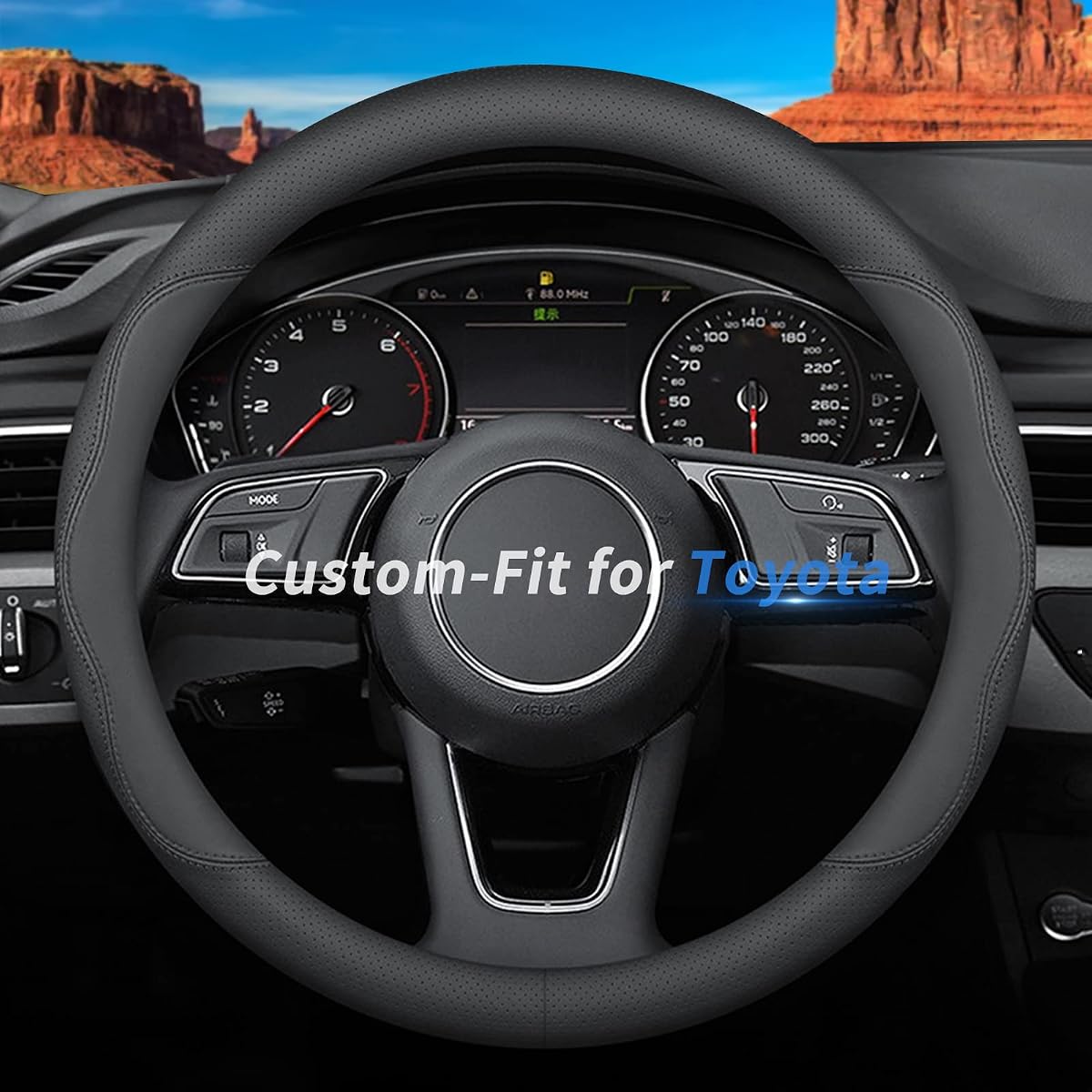 Deer Route Custom-Fit Leather Car Steering Wheel Cover, 15 inches, B-Style, For Toyota