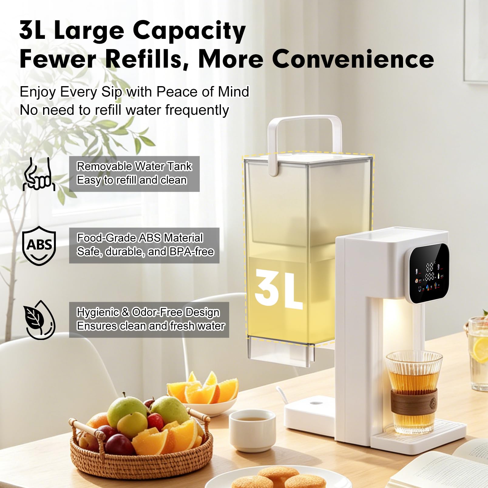 Dispensador de agua caliente, multifuncional de 3 L, 12 niveles de temperatura, 8 cantidades de agua, pantalla táctil digital, bloqueo para niños, depósito de agua extraíble, cartuchos de filtro y