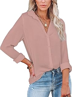 Sponsored Ad - Diosun Womens Button Down V Neck Shirts Long/Short Sleeve Office Casual Business Plain Blouses Tops