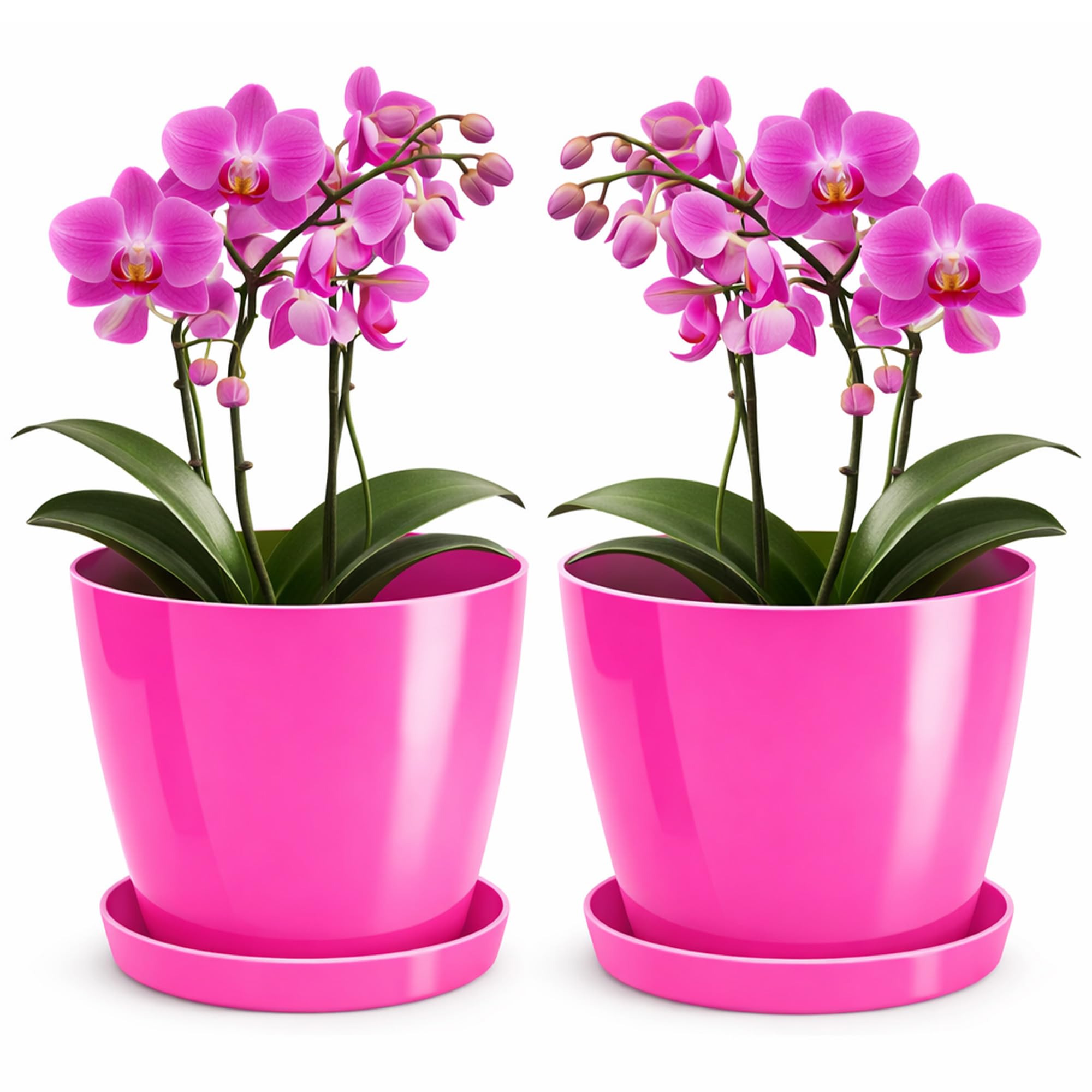 PECZEKO Flower Pot Shiny Plastic Planter Decorative Pot for Large and Small Plants, Set of 2 Flower Tubs with Saucer, Flower Pot Herb Pot, Fuchsia, Diameter 18 cm — image 1