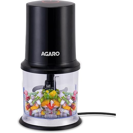AGARO Electric Chopper, 400 Watts, Vegetable Chopper, Cutter, 100% Pure Copper Motor, Chop, Mince, Dice, Twin Stainless Steel Blade, 500 Ml, One Touch Operation, Elegant, Black.