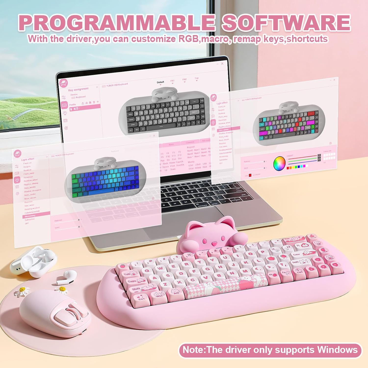 YUNZII C68 Silicone Cute Cat Mechanical Keyboard (Pink, Milk Switch) | Wireless Triple Mode BT5.0/2.4G/Wired, RGB Backlit NKRO, Cute Cat Silicone Ergonomic Design for Win/Mac 8 71HGLaGhOQL. AC SL1500