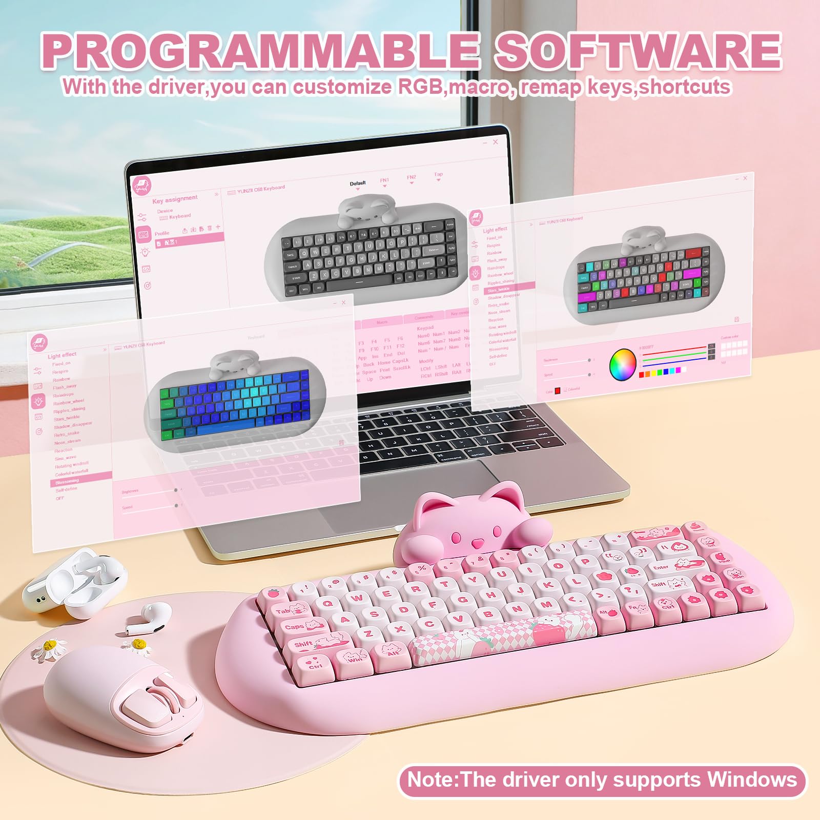 YUNZII C68 Teclado Mecánico Inalámbrico, 65% Teclado Gaming Hot Swap PBT, Tri-Mode BT5.0/2.4G/Wired, RGB Backlit NKRO, Silicone Kawaii Cat Ergonomic Teclado Mecanico for Win/Mac (Milk Switch, Rosa)