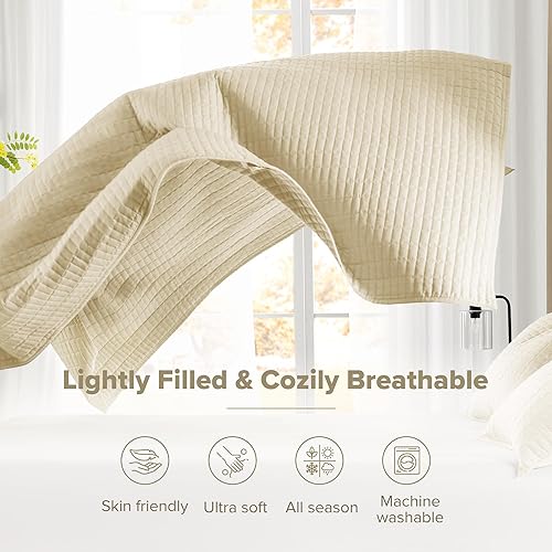 Miniatura 4 de Comfort Spaces Edredón Queen para todas las estaciones, colcha de marfil con diseño de costuras de doble cara, manta de verano suave a juego,