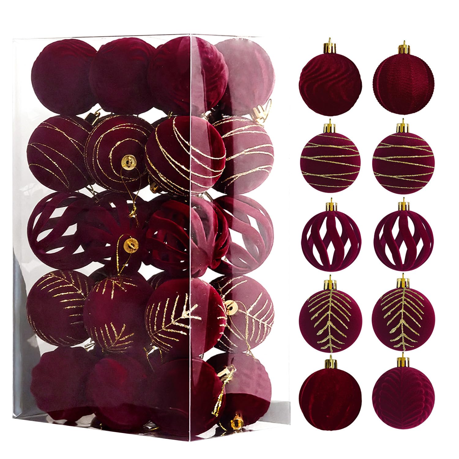 Lot De 35 Boules De Noël En Velours Rouge - Tailles 4/5/6/8 Cm - Décoration Sapin Incassable