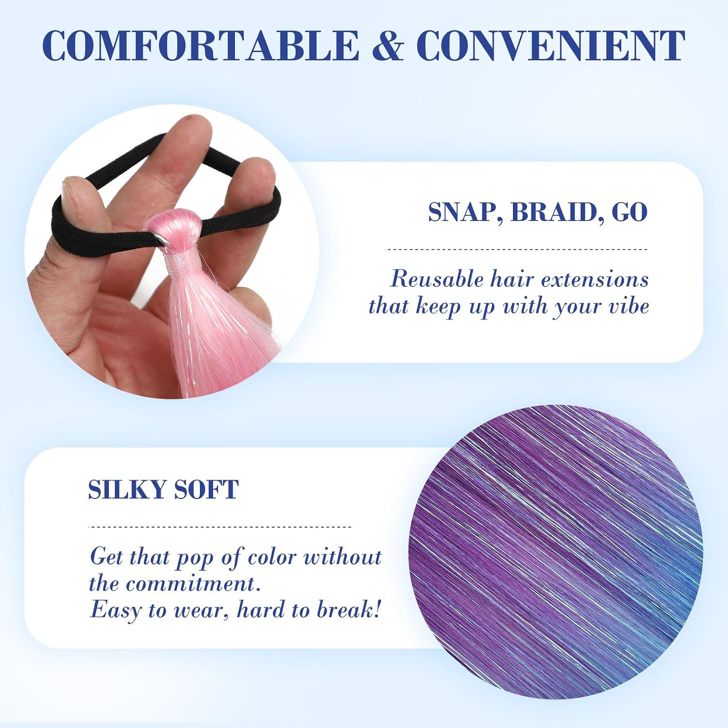 Colored Hair Extensions with Tinsel, 26" Sparkly Braid Ponytail Extensions with Elastic Tie for Softball & Spirit Week, Rainbow Hair Extensions for Crazy Hair Day, 2 Pack (Pink/Purple/Blue)