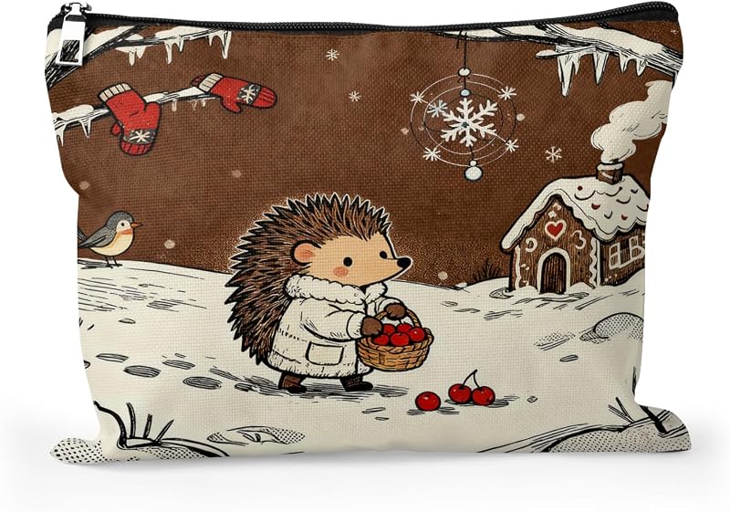Cafl Necessaire Hedgehog Winter Snow em Linho com Zíper, 25,4 x 20,32 cm