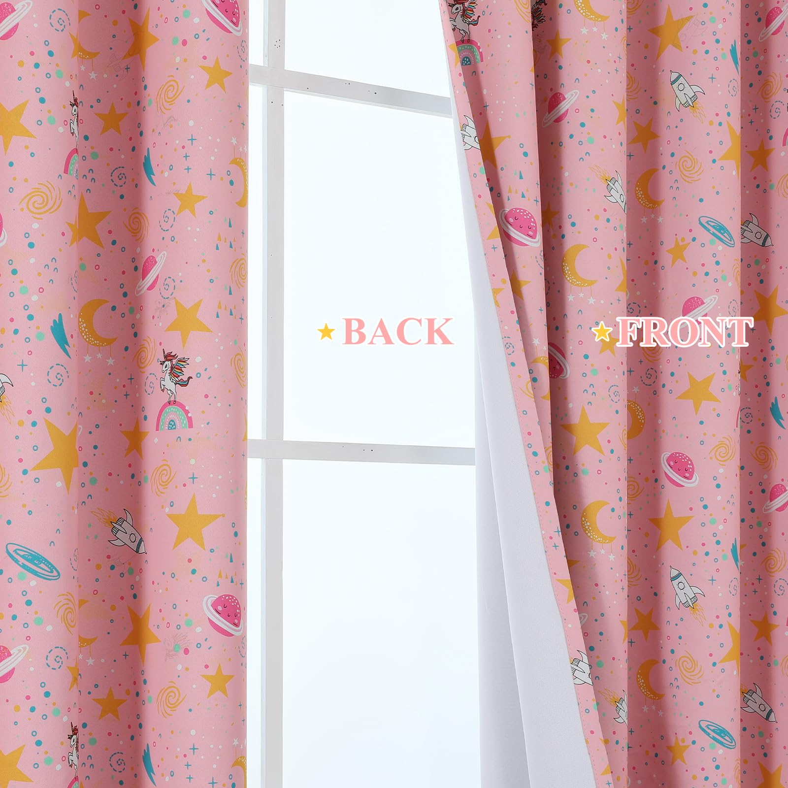 VEHEDE Kids Planets Stars Blackout Curtains, Unicorn Pink Eyelet Thermal Insulated Drapes for Children's Bedroom - Image 2