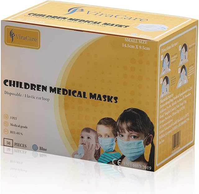 50 x Children and Kids Face Masks Disposable | Medical Surgical Type IIR | Face Covering with Ear Loop | UK Stock Available | Wrapped and Boxed in 10 Packs of 5 | 1 pack of 50