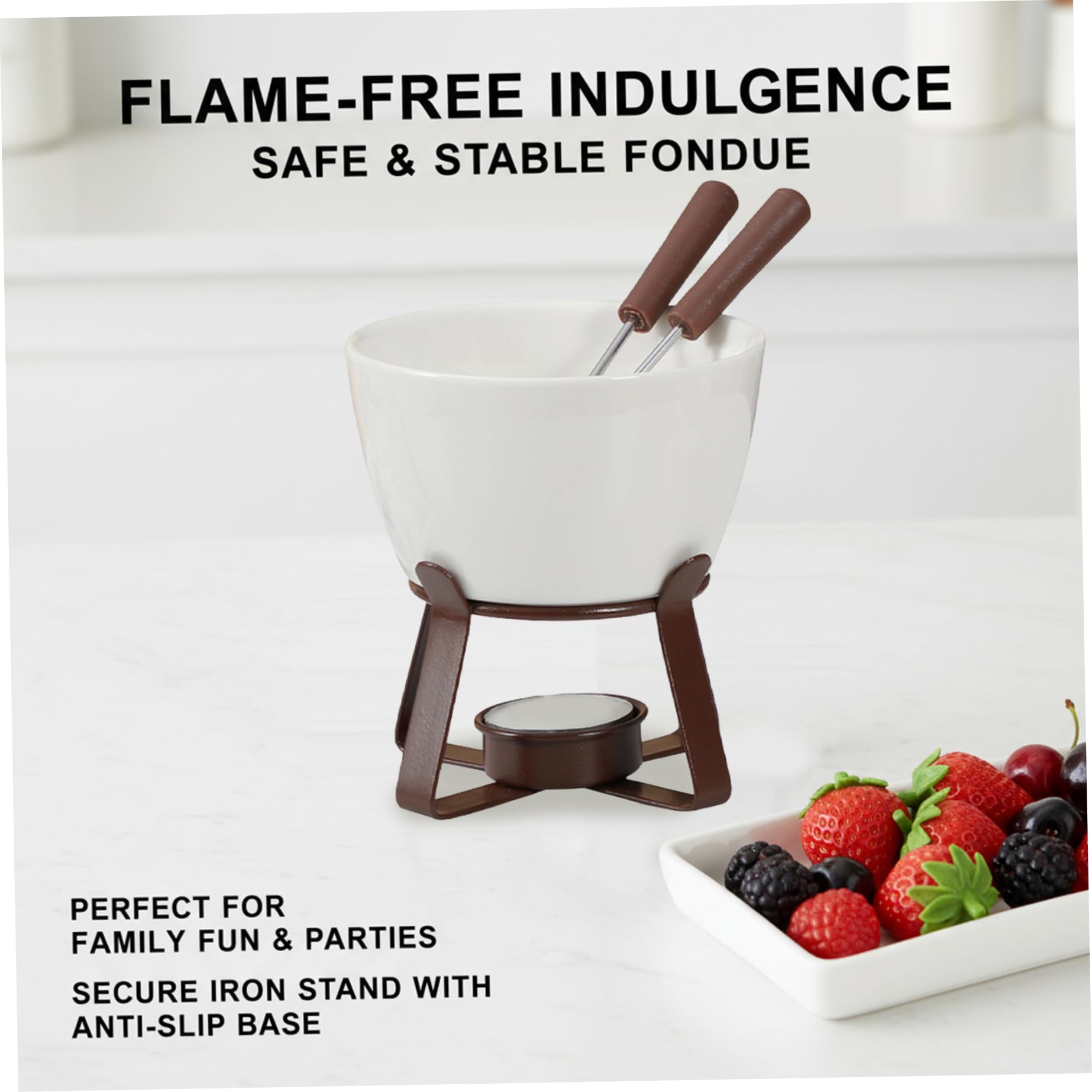 Taza de Fondue de Chocolate Taza de Fondue de cerámica con 2 Tenedores y Soporte de Hierro, Reutilizable para derretir Chocolate para Queso o (Vela no incluida)