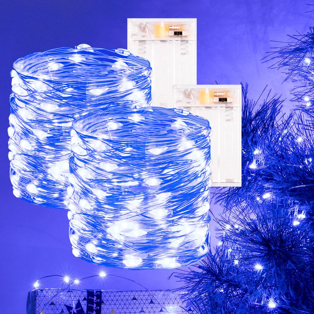 PCORES 2Pack Blue Fairy Lights Battery Operated with Timer, Waterproof 10M 100LED String Lights Indoor Outdoor, Copper Wire Fairy Lights for Bedroom, Christmas, Parties, Wedding, Centerpiece