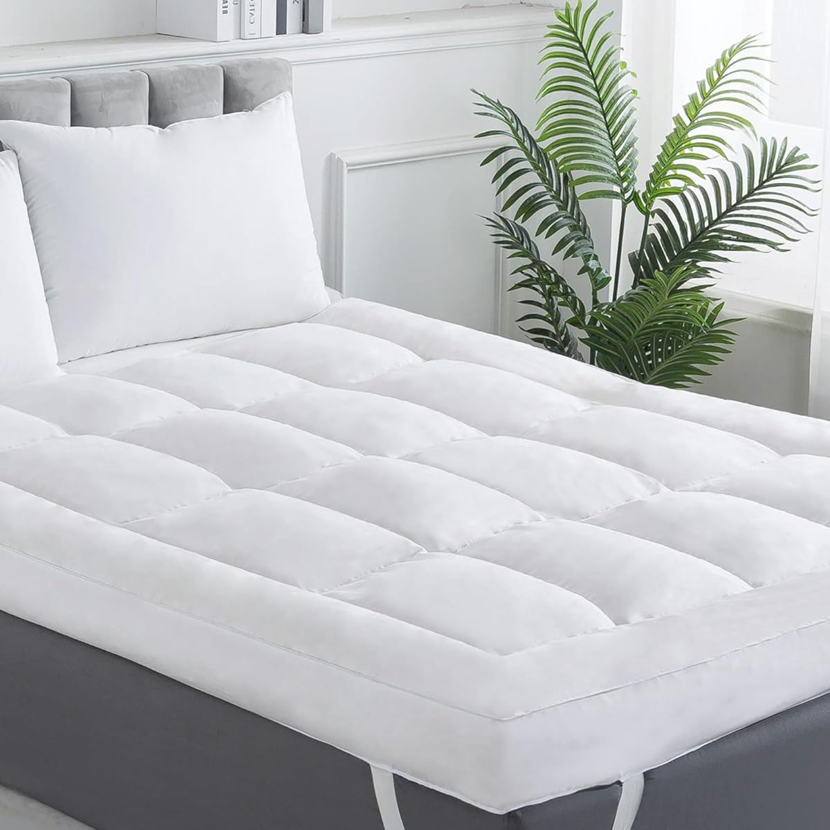 WhatsBedding 4 inch Memory Foam Mattress Topper Queen Size for Back Pain, Breathable Fluffy Shredded Memory Foam Filled Pillow Top, 4 Anchor Elastic Bands, 80x60x4 Inch