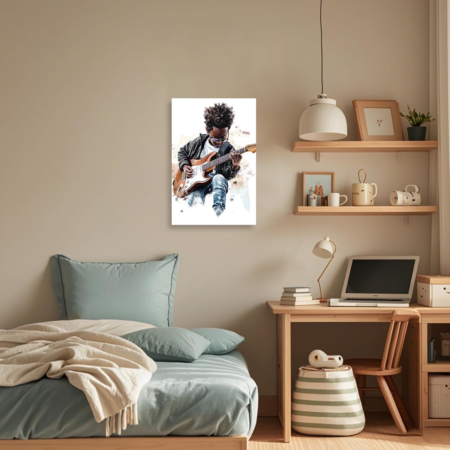 XLMDYYSW African American Kid Wall Art Black Music Pictures African Boy Playing Guitar Violin Canvas Print Children Musician Painting for Musical Club Framed (Black, 18L x 12W)