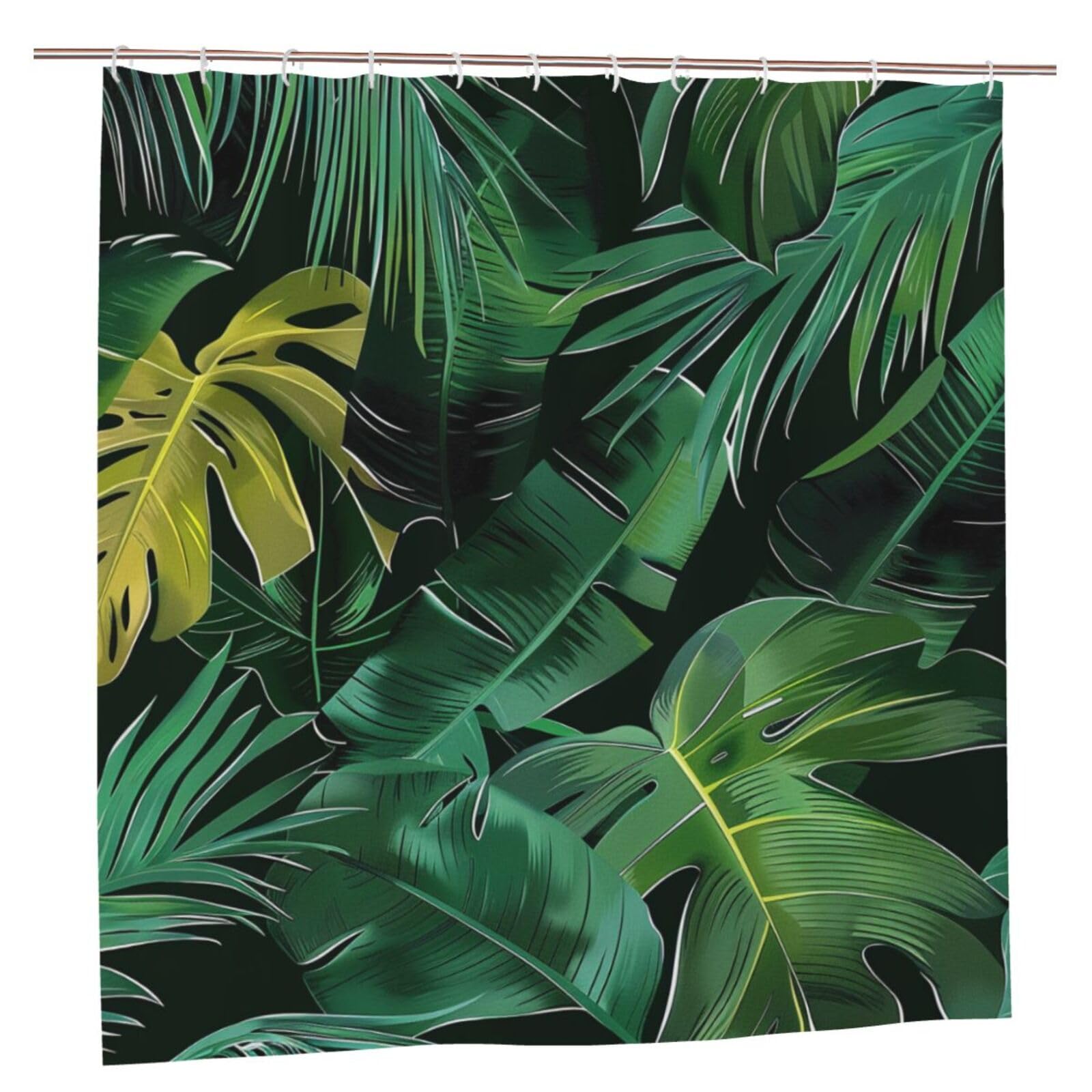BWWHCCTI Tropical Banana Leaf Printed Shower Curtain With 12 Plastic Hooks Opaque Quick Drying Waterproof Shower Curtains Sets For Bathroom 183x183 CM