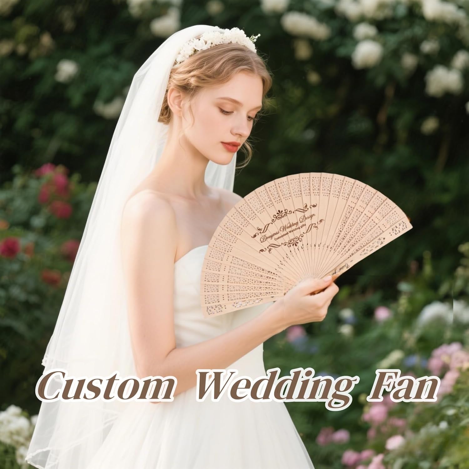 LIUBAI Personalized Wedding Hand Sandalwood Folding Fans Custom Wooden Hand Fans with Engraved Text Wedding Fans with Organza Bags Wedding Party Favor for Guests (50 pcs)