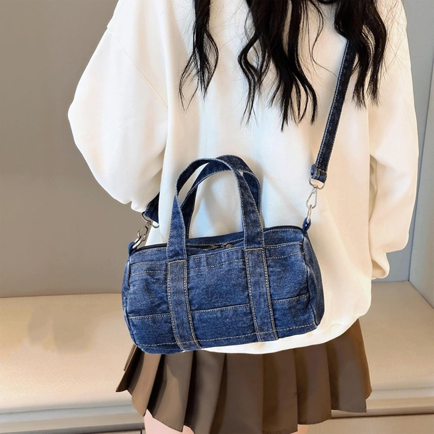 Denim Purse Barrel Crossbody Shoulder Bag Jean Minimalist Satchel Top Handle Round Bucket Handbag with Zipper
