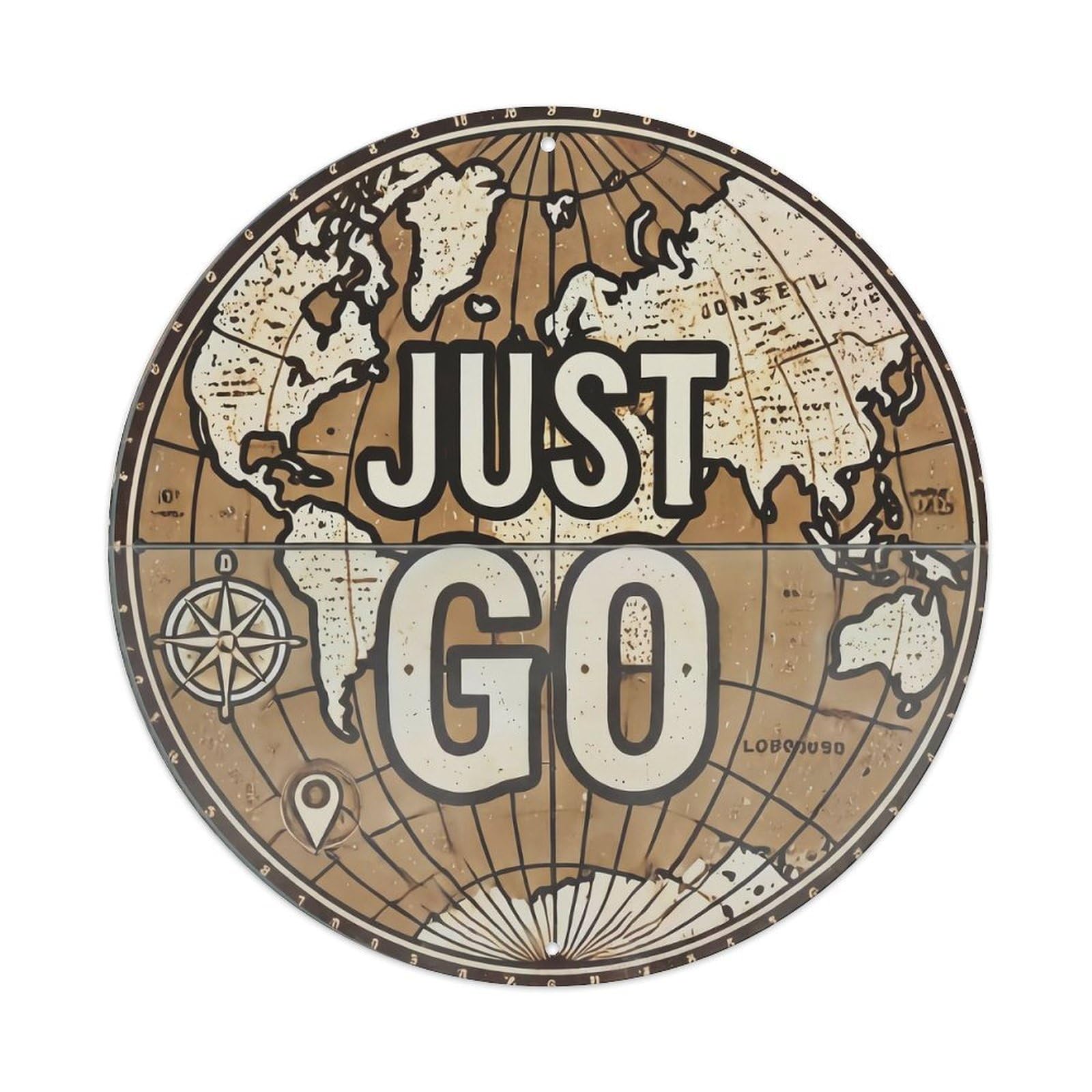 Vintage World Map with Compass Just Go Mirror Metal Tin Sign