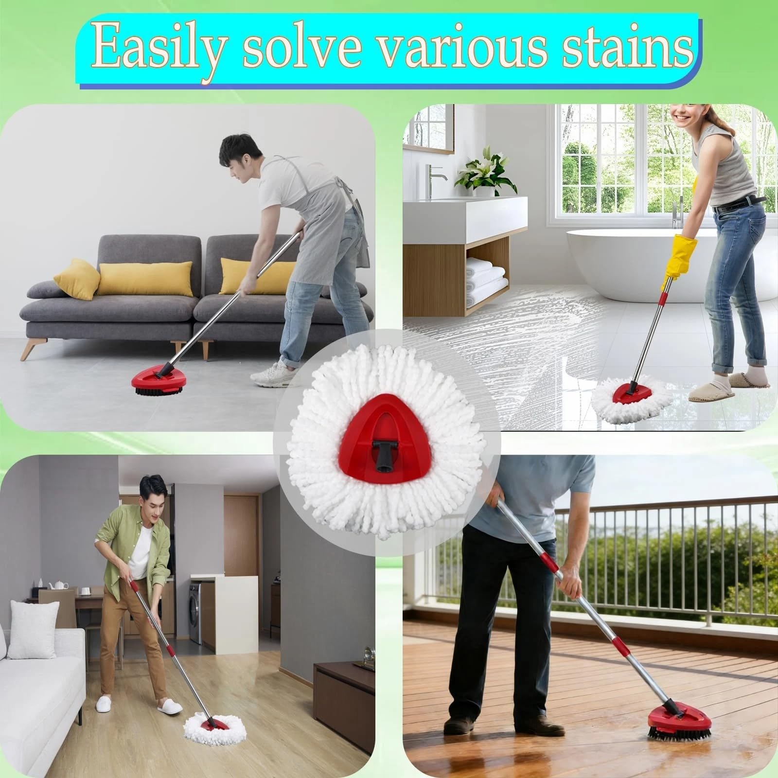 Spin Mop Ricambio Testa Spin Mop Ricariche Compatibile con O Cedar 1-Tank Spin Mop Maniglia, 3 ricariche in microfibra, 1 copertura per testa triangolare, 1 testa di lavaggio e manico per Ocedar