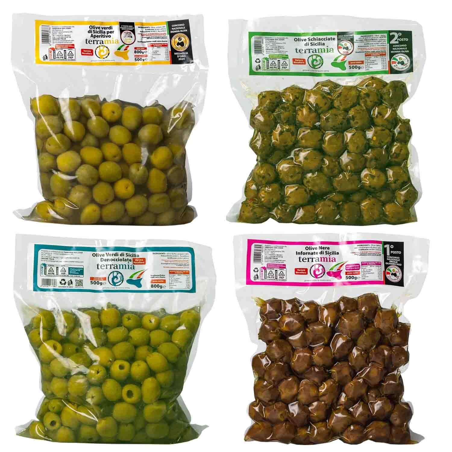 Terramia Olive Verdi Dolci di Sicilia "Nocellara" Denocciolate in Salamoia – Prodotto Artigianale da Azienda Premiata Ercole Olivario e Monna Oliva, Formato Scorta 2kg (4 B
