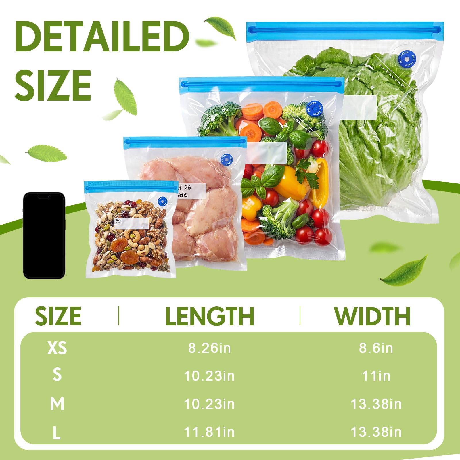 Paquete de 60 bolsas Sous Vide selladoras al vacío para alimentos, 4 tamaños reutilizables bolsas de alimentos con cremallera al vacío bolsas de almacenamiento con válvula de aire de doble capa para