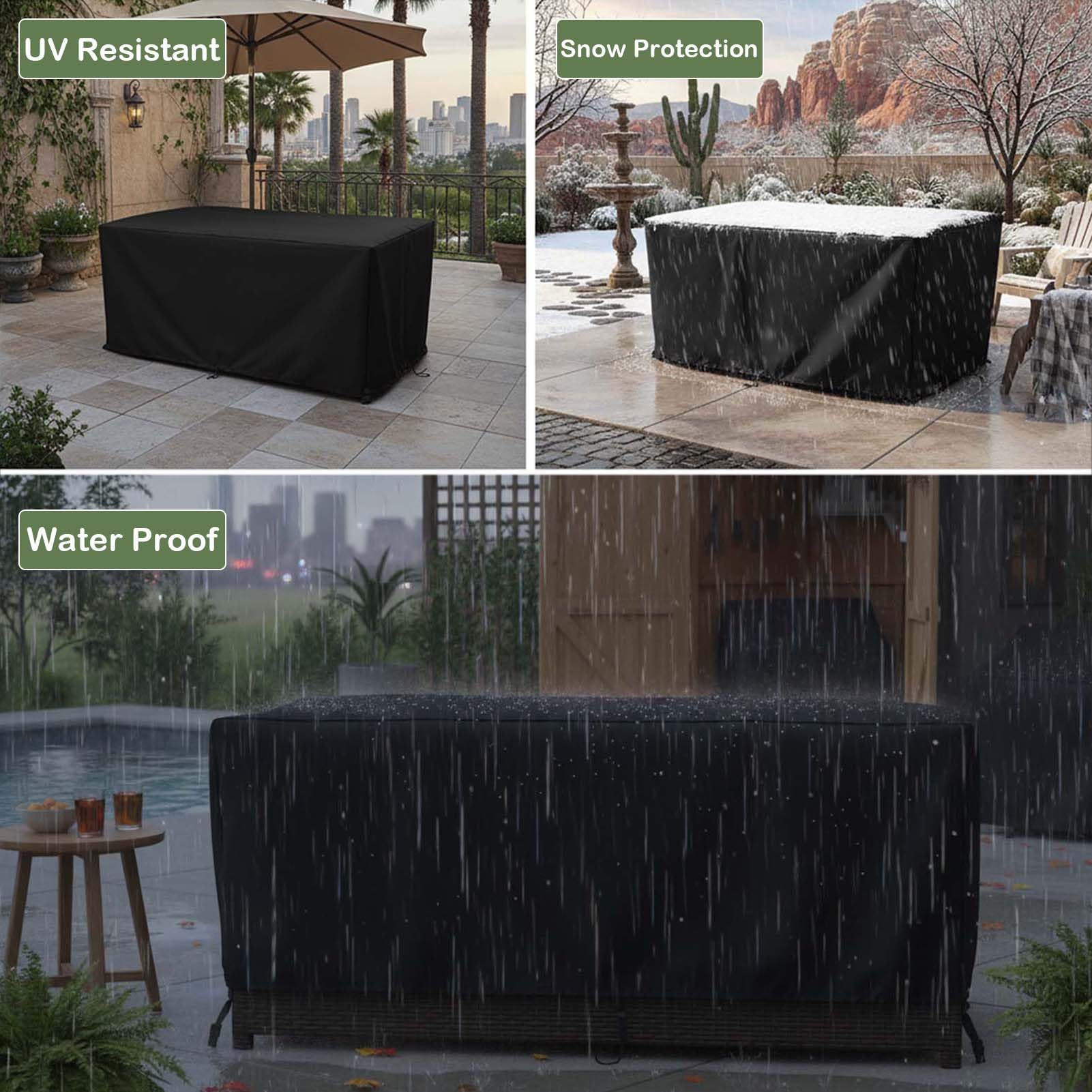 600D wasserdichte quadratische Gartenmöbelabdeckung, 300 x 200 x 90 cm, Schutz für Terrassentisch und Stühle, strapazierfähig, winddicht und UV-beständig, Gartenfellabdeckung