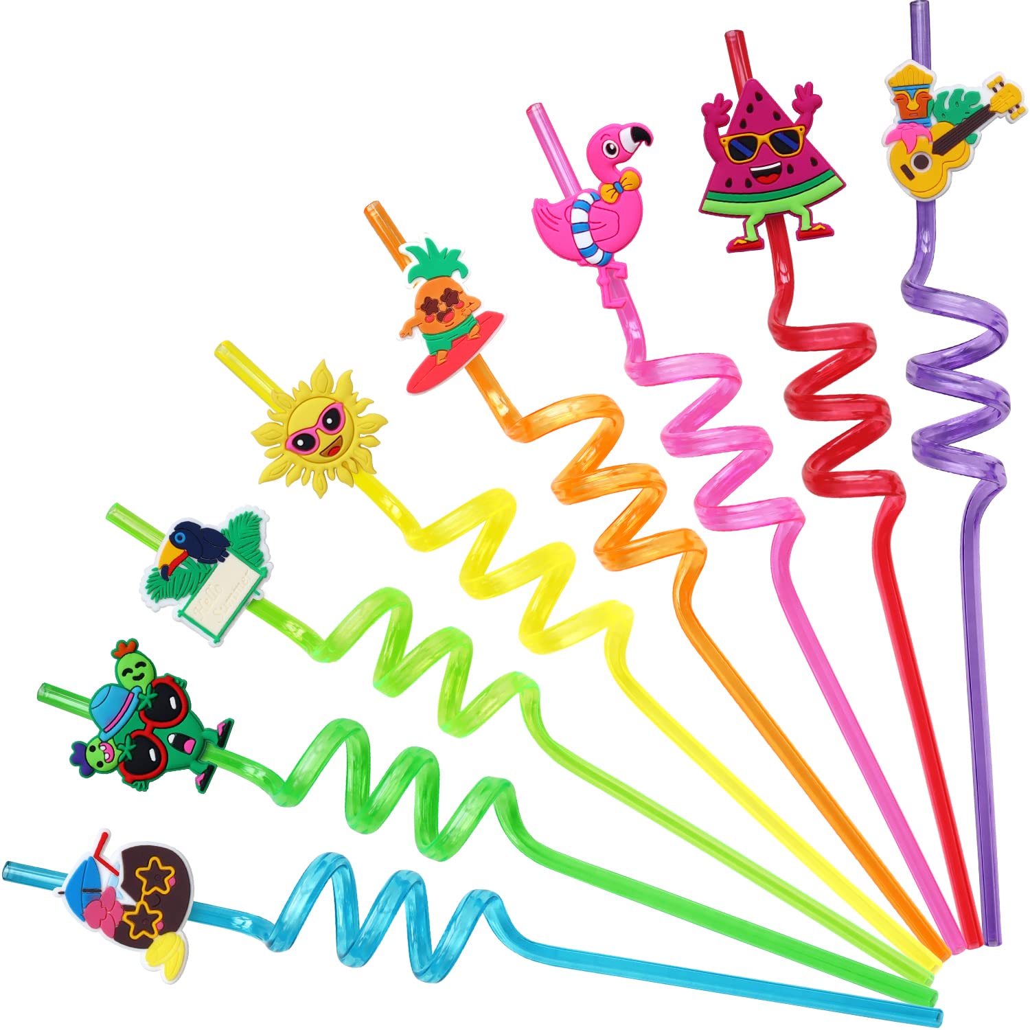 32pcs Hawaiian Drinking Straws, Beach Pool Party Favors, Luau Reusable Pineapple Tiki Flamingo Watermelon Coconut Drinking Straws for Hello Summer