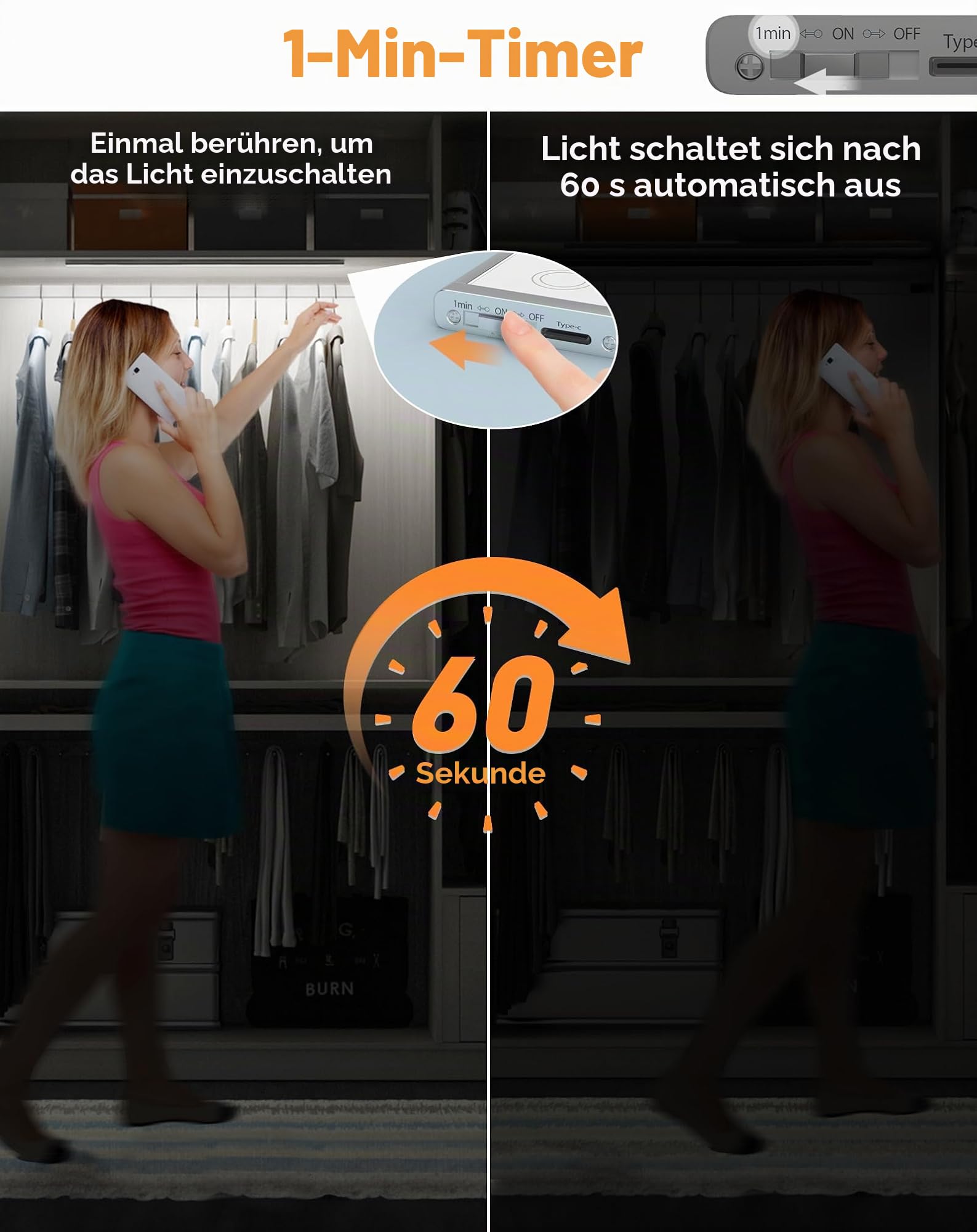 LED dimmbar Unterbauleuchte 58CM Küche Lampe 4500mAh wiederaufladbar Akku Schrankbeleuchtung mit Touchsensor Timer 3Farben led leiste magnetische Lichtleiste für Küchenschrank Kleiderschrank