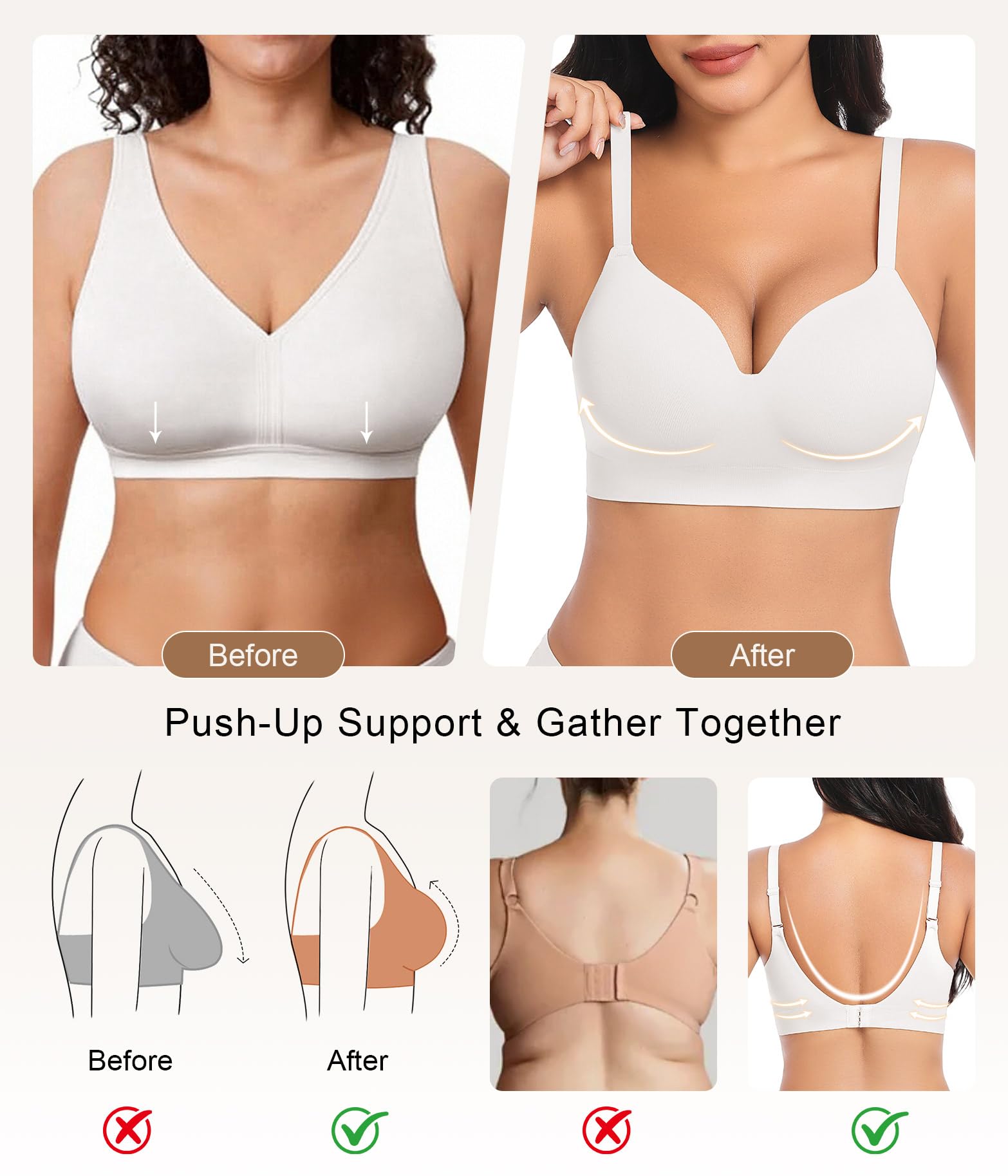XJBTBA Biustonosze push-up dla kobiet Bez fiszbin Bez fiszbin Bez fiszbin Wsparcie Komfortowe biustonosze do spania dla pań Miękka koszulka Biustonosz bez fiszbin Regular i Plus Size
