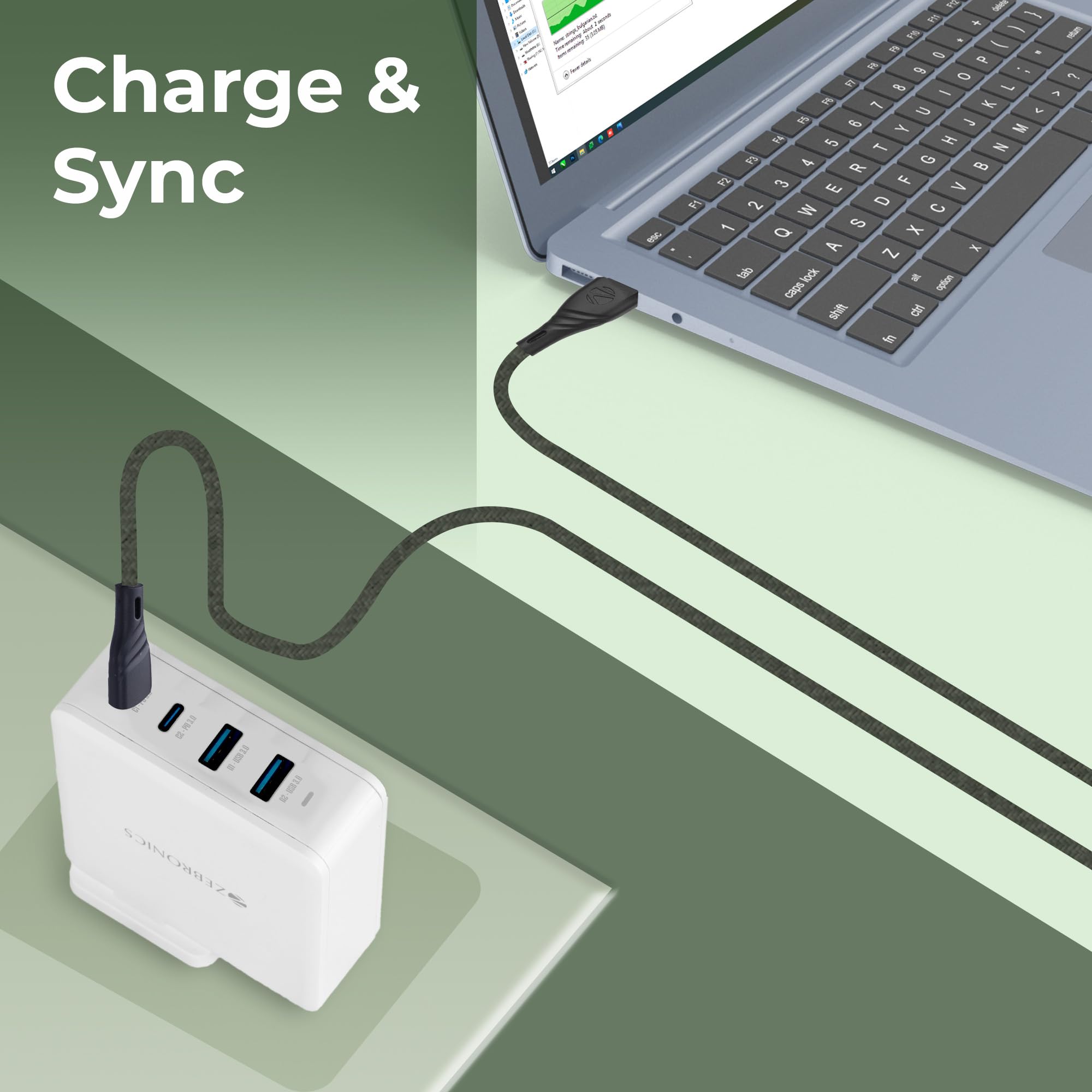 Zebronics USB to Type C Braided Nylon Cable, 33W, 3A Max, 1.5 Meters, Rapid Charging, 15000+ Bends Tested, Charge & Sync, Durable, Samsung, OnePlus, Xiaomi, Realme, Oppo (UT300, Green) — Amazon image 5