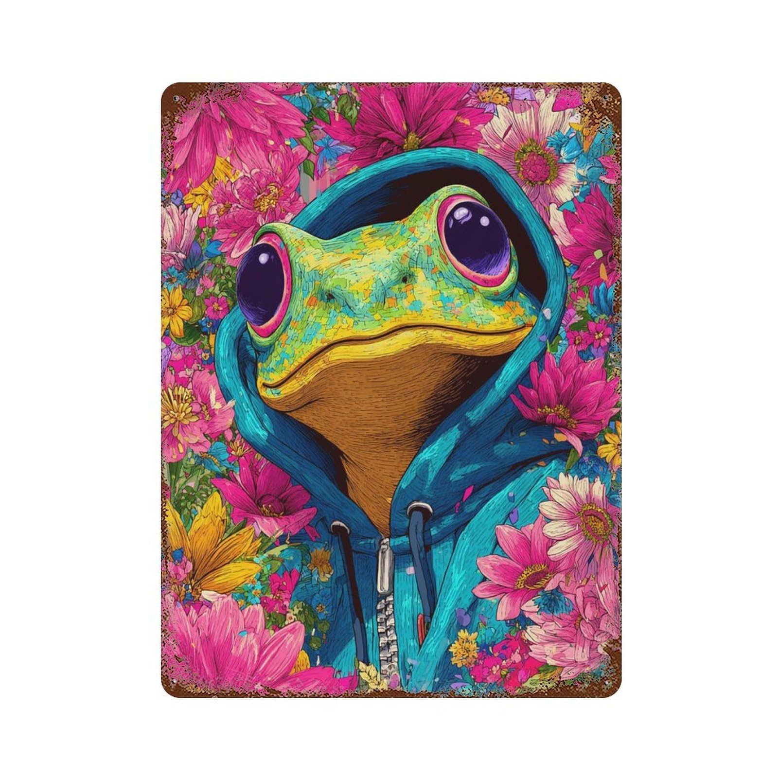 Aged Metal Wall Plaque with Frog in Hoodie with Flowers-1 Design 15.7"x11.8", for Cafe, Home Bar And Lounge Decor, Novelty Wall Decor