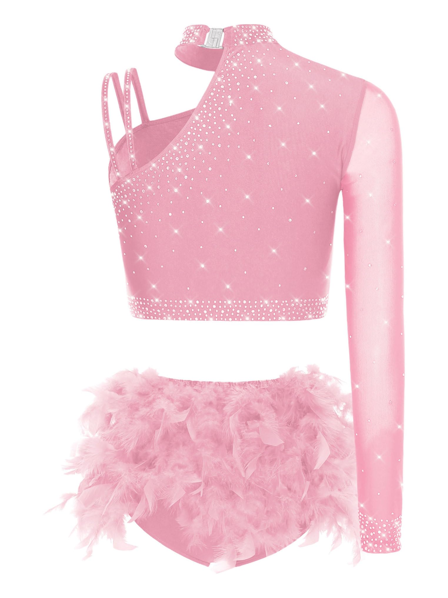 Freebily Abito da Ballo Latino Americano Donna Completo da Pattinaggio Artistico con Strass Crop Top Danza Classica Moderna Monospalla + Minigonna di Danza Dancewear