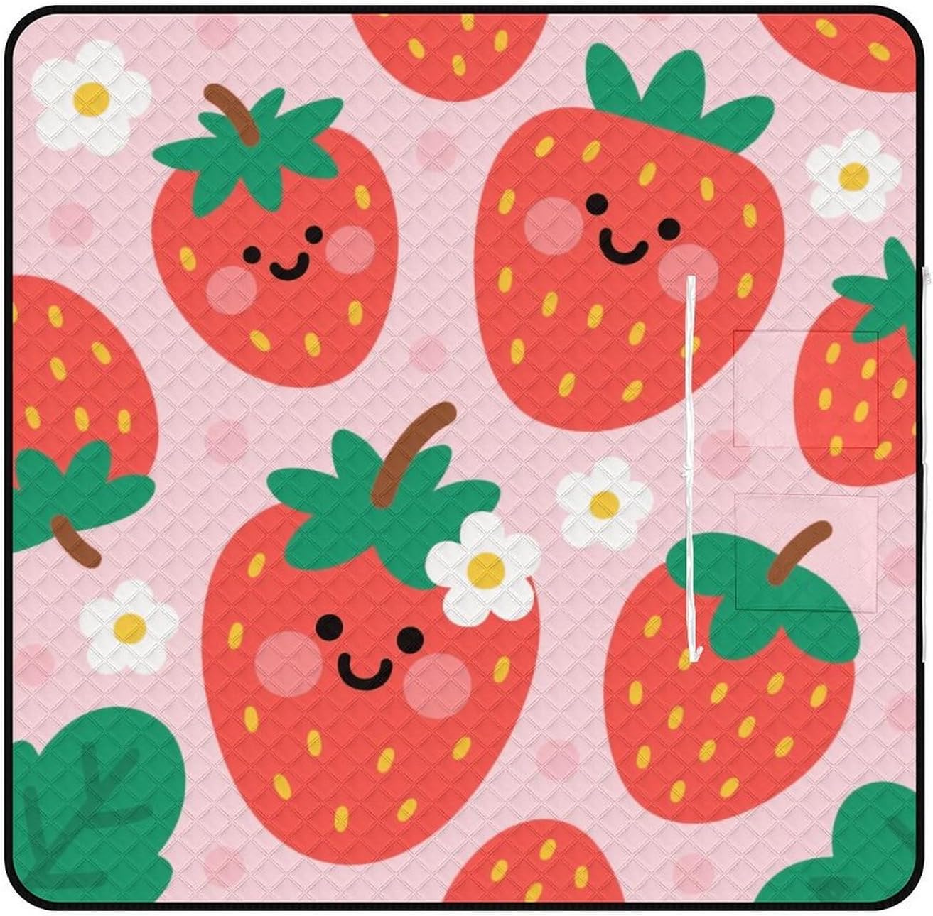 Cute Strawberry Picnic Blanket 200x200cm, Foldable 2-in-1 Picnic Mat and Tote Bag Portable Waterproof Beach Mat Sandproof Outdoor Blanket for Park, Hiking, Beach, Camping, Travel