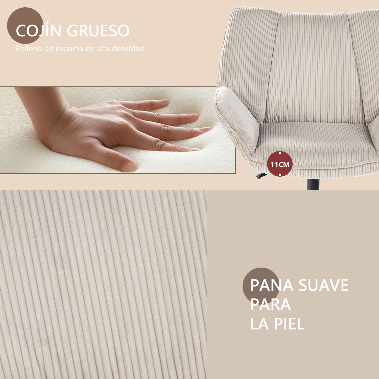MEUBLE Cosy Sillón Giratoria 360° Butaca de Salón para Dormitorio Oficina Silla con Reposabrazos Asiento Grueso Respaldo sin Ruedas en Pana Taupe