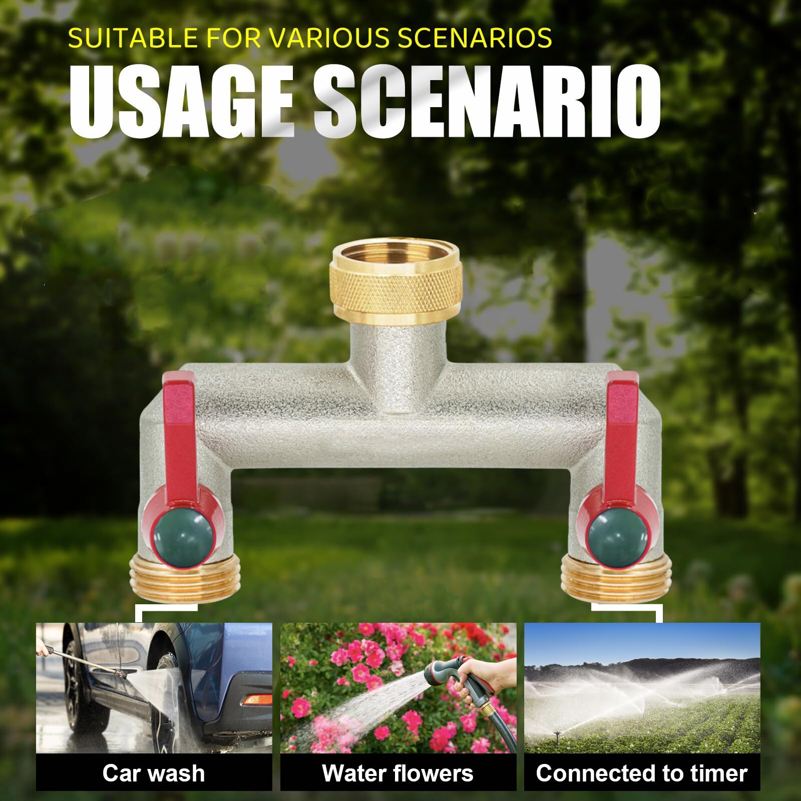 Distributore d'acqua a 2 vie per il collegamento simultaneo di due dispositivi, distributore a 2 vie 3/4" in ottone nichelato con valvole a sfera, regolatore del flusso d'acqua e bloccabile, 1 pezzo