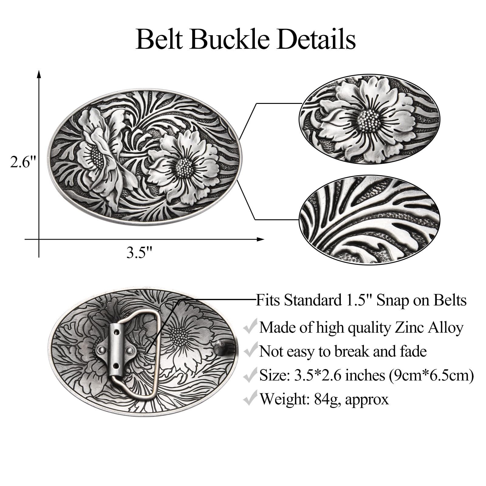 BBOTEN Antique Engraved Flower Oval Belt Buckle - Men Women, Western Cowboy, Christmas Halloween Gifts