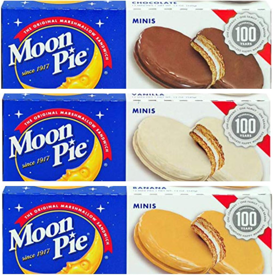 GenericMoon Pie -Mini's 3 Boxes of - Chocolate - Vanilla -Banana 6 pie's per box,3 Boxes 18 pies total and 3 x Bright Colored Lunch Bags