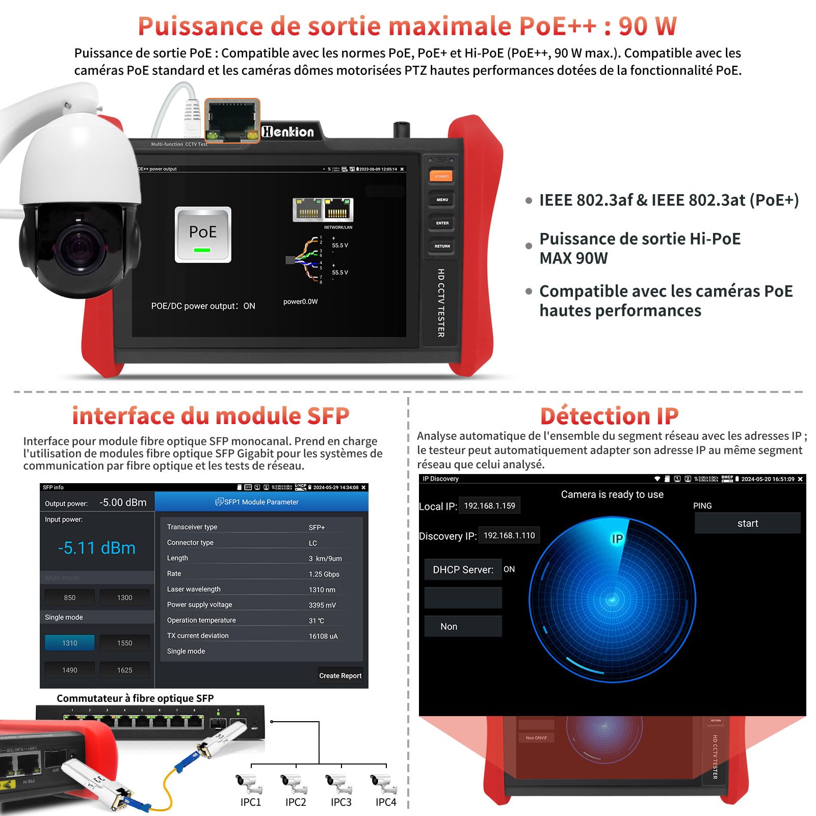 Henkion Testeur de Vidéosurveillance 4K 12MP Testeur de Caméras IP PoE++ Max 90W PoE CCTV Tester Coaxiales 8MP TVI/CVI/AHD/CVBS, 1CH SFP, WiFi, Outils Réseau, Testeur de Câbles, HD/VGA, Détection PoE