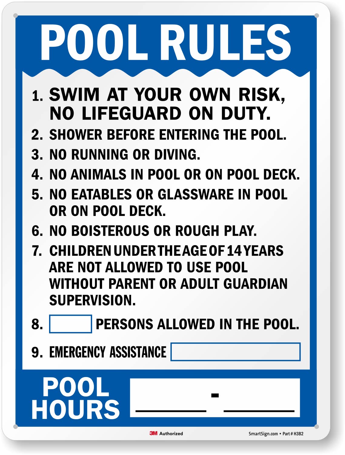 SmartSign 24 x 18 inch “Pool Rules - Swim At Your Own Risk, Shower Before Entering, Emergency Assistance, Pool Hours” Metal Sign Write-On, 80 mil 3M Laminated EG Reflective Material, Blue and white