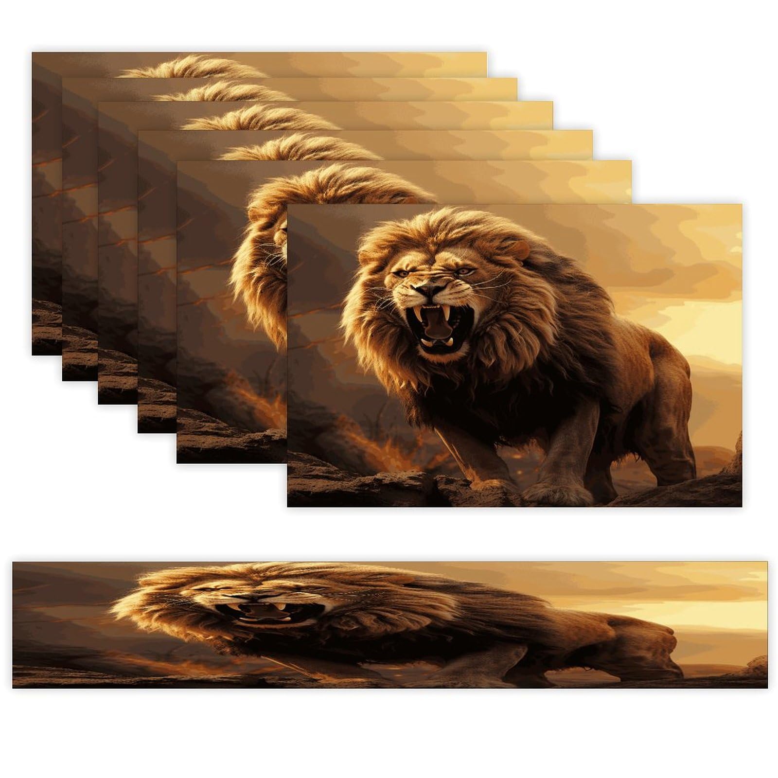 Angry Roaring Lion Table Runner and Placemats Set of 6 Wipe Clean Heat Resistant Table Mat with Table Runner Decorations Flax Linen Place Mat Set for Home Kitchen Party Supplies