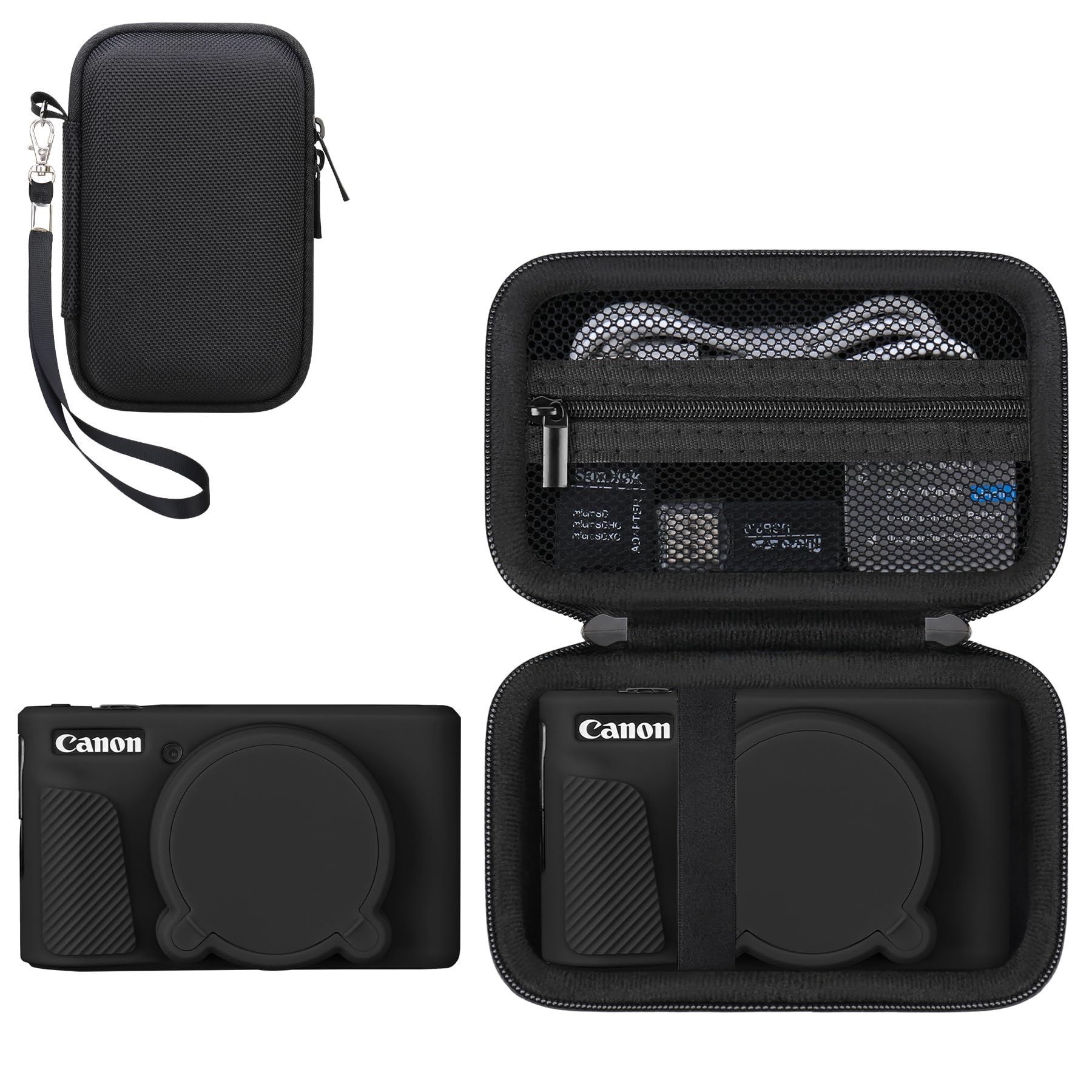 RAIALL Kameratasche für die Canon PowerShot SX740/SX730 Digitalkamera, 1*Hartschalen-Reisetasche + 1*weiche Silikon-Schutzhülle mit Abnehmbarer Objektivabdeckung, Schwarz+Schwarz