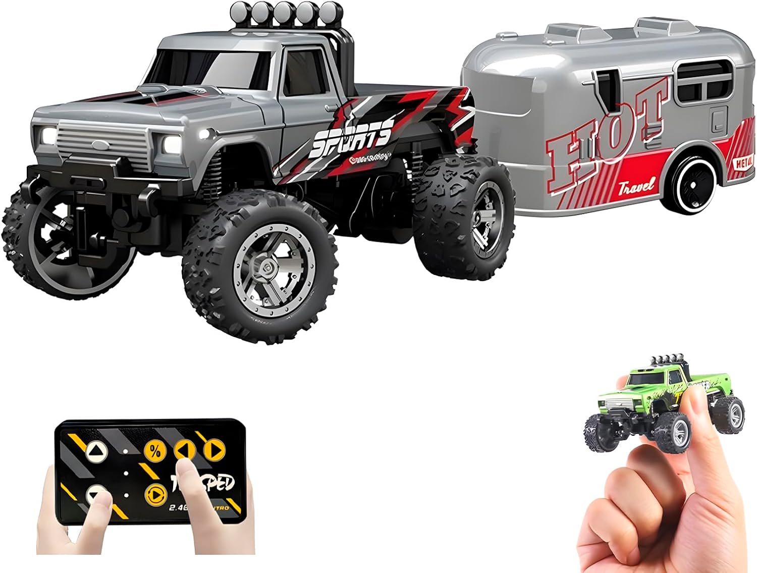 1:64 Mini RC Monster Truck with LED Lights | 2.4GHz Off-Road Remote Control Car | 3 Speed Adjustable, USB Rechargeable Alloy RC Truck for Kids & Adults Indoor/Outdoor Racing (Grey)