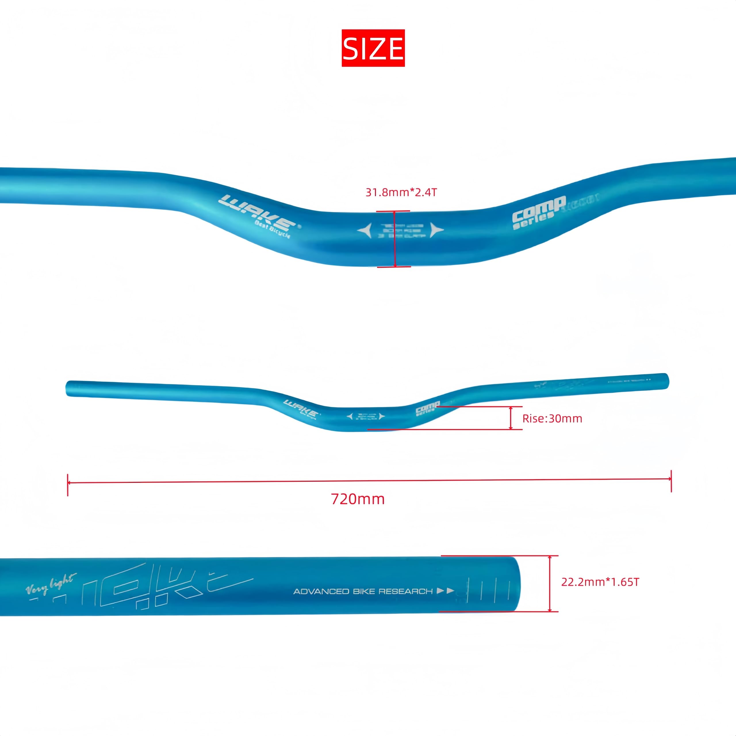 TRKIMAL φ31,8mm Długa kierownica do roweru szosowego MTB, górskiego, 720mm, 30mm Riser Bar, do zjazdu, jazdy wyścigowej, off-road, MTB, BMX (Niebieski)