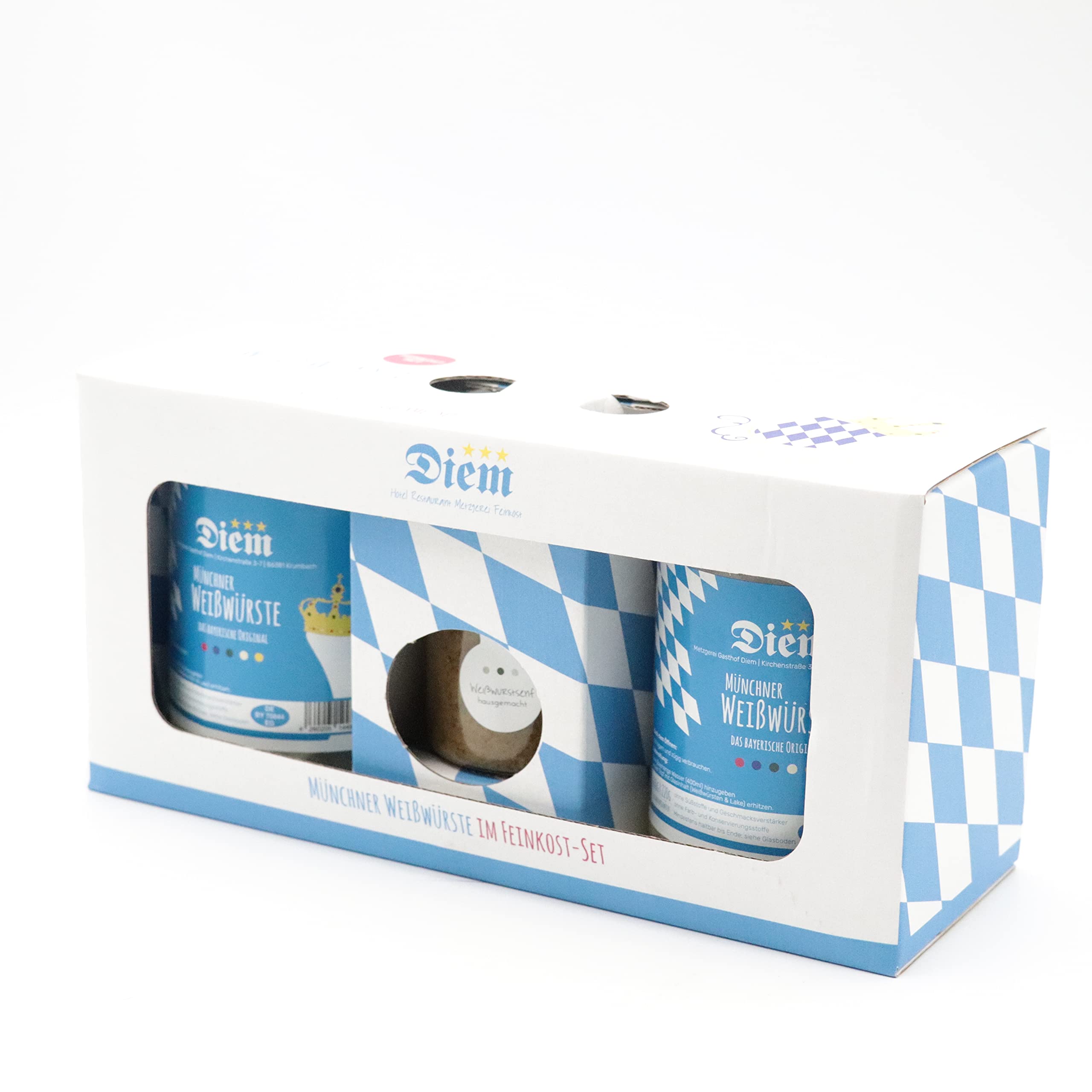 Geschenkset Weisswurst / (2x Weißwurst im Glas - 4 Stück + 1 Glas Süßer Senf a 120g) - Original Münchner Weisswurst – nach Uropa Johann Diems Rezept - langes MHD - 220G Abtropfgewicht, 400g Glas