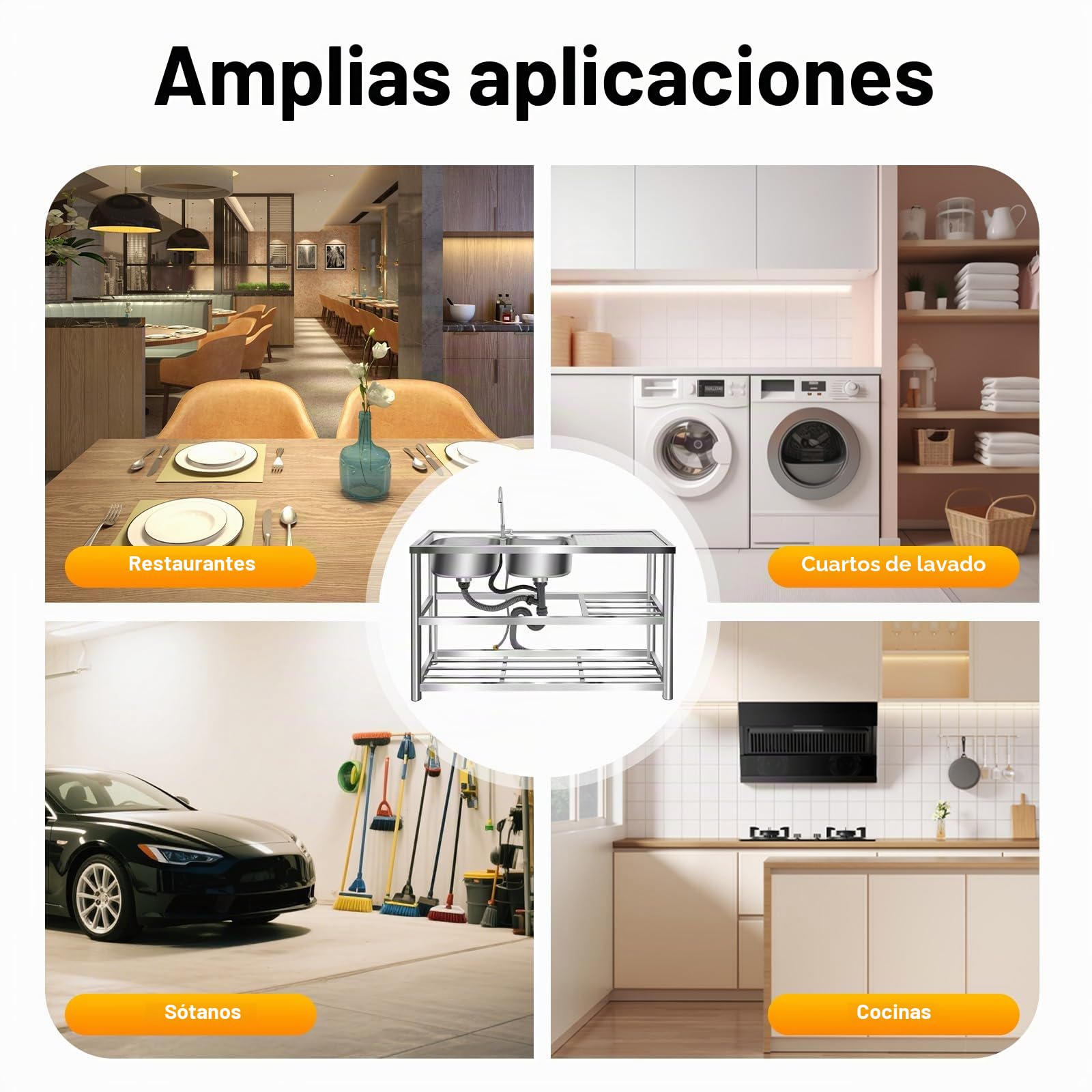 Fregadero de cocina independiente, 2 cuencos, doble, de acero inoxidable, comercial con grifo, soporte y drenaje, para exterior e interior