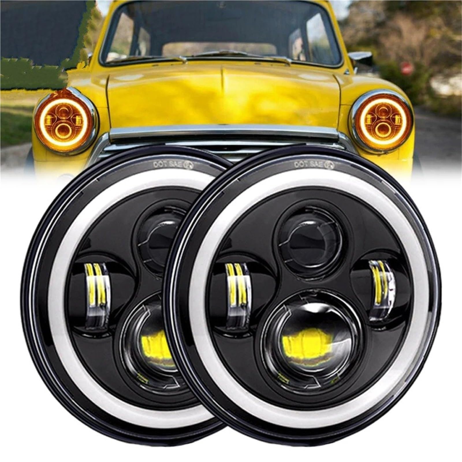 Phares Avant Phares LED DRL Angel Eye 7 Pouces Pour Classic Pour Mini Pour Austin Pour Rover Pour BMW(2Piece black Headlight)