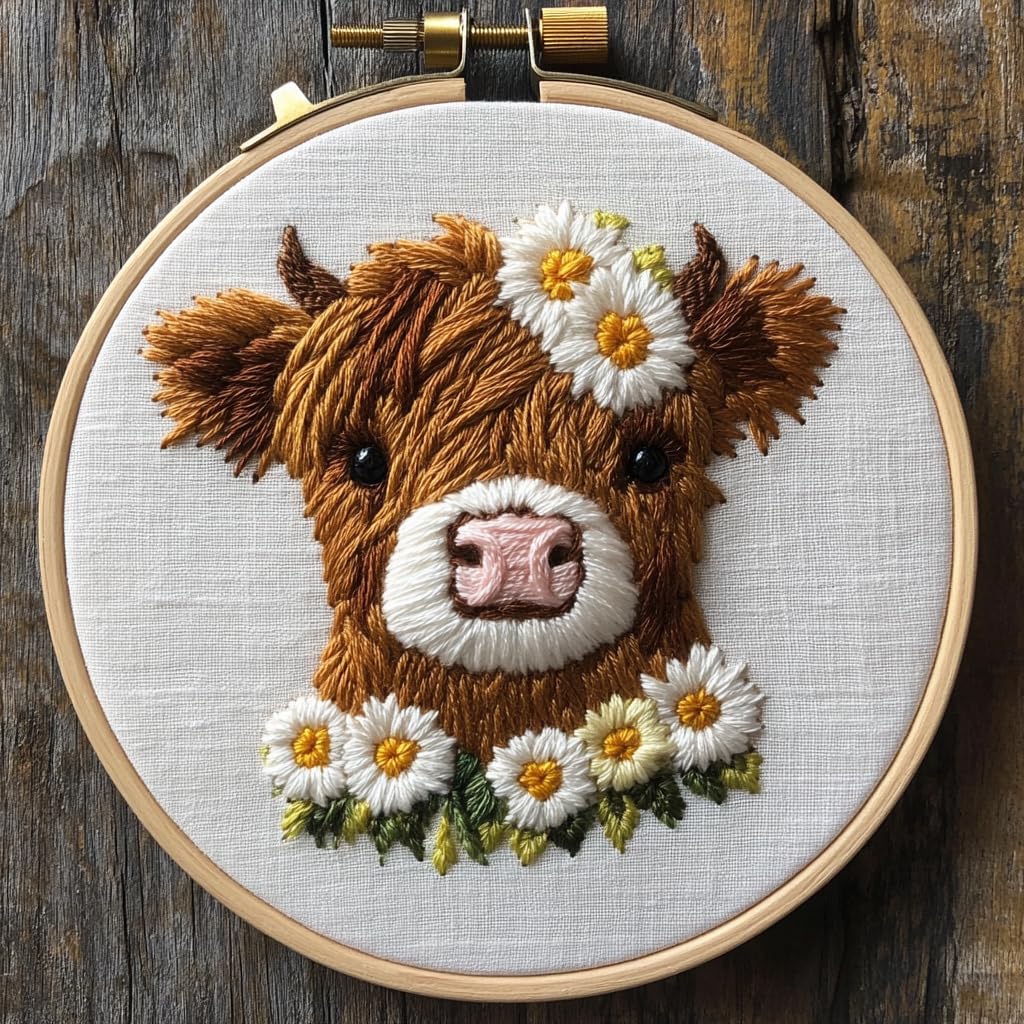 DIY Punch Needle Kits for Beginners Cute Highland Cow and Daisy Flowers with Hoop Embroidery Punch Needle Starter Set Easy for Adults and Kids Festival Gift and Decor 20x20cm-5