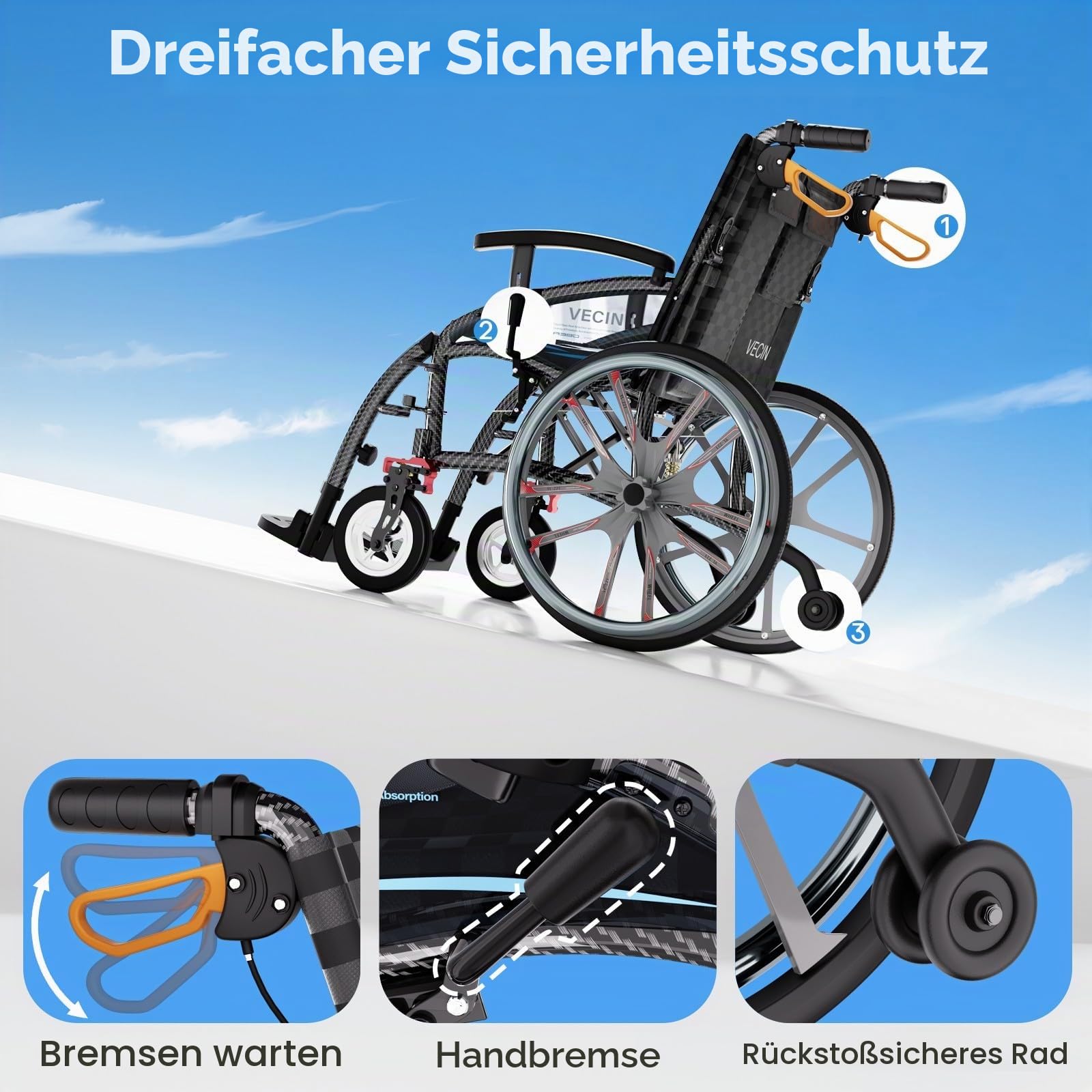 Leichter Faltrollstuhl mit Einstellbarer Stoßdämpfung, Selbstfahrender Rollstuhl, Zugbremse und Fußstütze, bis 200 kg Tragkraft, Selbstfahrbar für Senioren