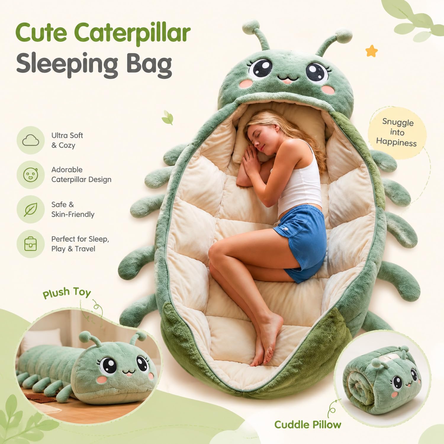 Caterpillar - Saco de dormir de felpa súper suave, forma de capullo de una pieza, plegable, portátil para casa, viajes, camping, bonito diseño de animales (90 pulgadas de longitud)